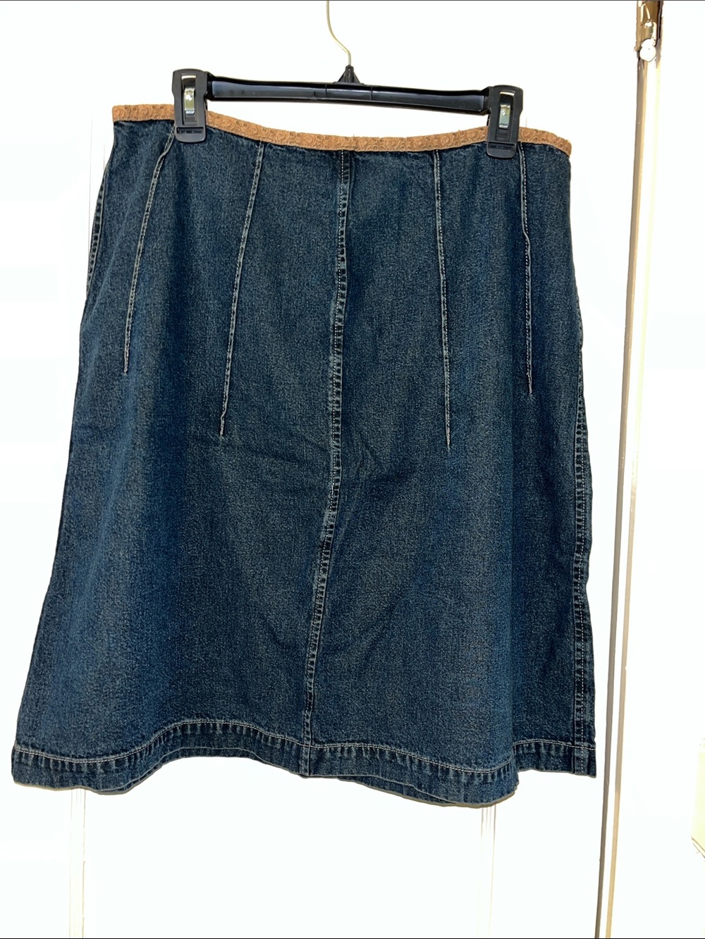 J. Jill Dark Blue Denim A-Line Skirt with Tan Waistband
